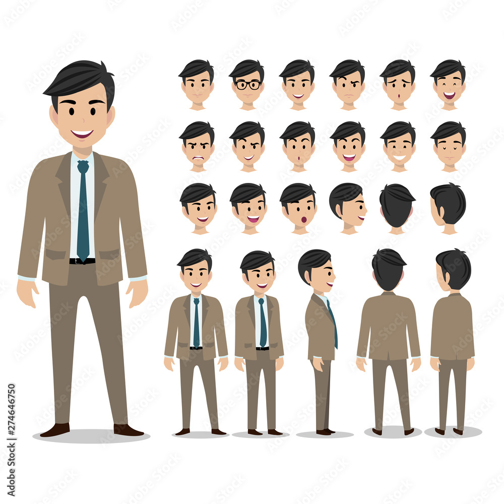 Cartoon character with business man in suit for animation. Man head set,  front, side, back, 3-4 view character. Separate parts of body. Flat vector  illustration. Stock Vector | Adobe Stock