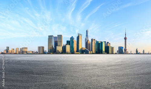 Empty race track and modern skyline and buildings in Shanghai,China