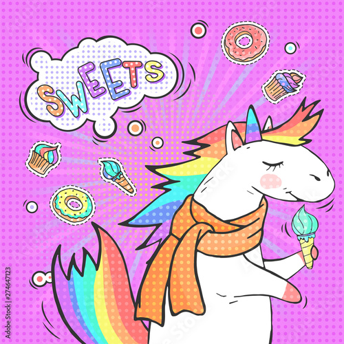 Pop art background with cartoon unicorn and speech bubble with text SWEETS! Comic book retro style imitation.