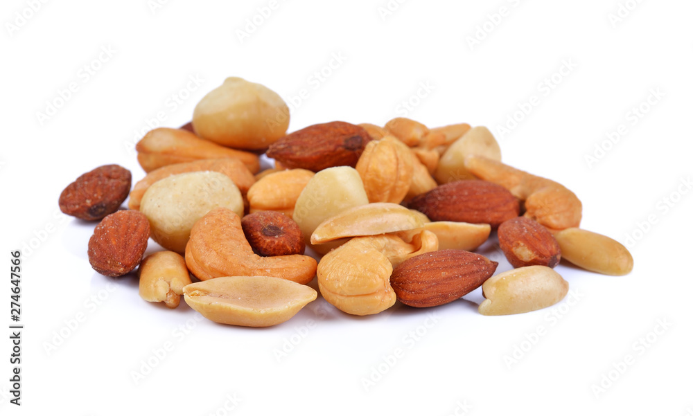 Assorted mixed nuts on white background Assorted mixed nuts on white background