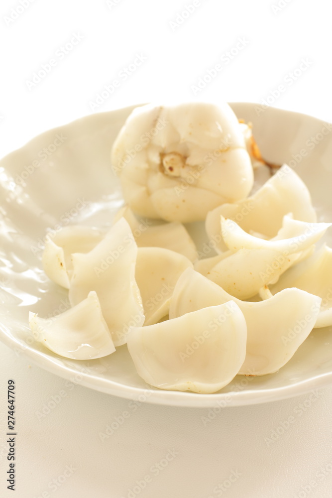 chinese herbal medicine, lily root on dish for cooking image chinese herbal medicine, lily root on dish for cooking image
