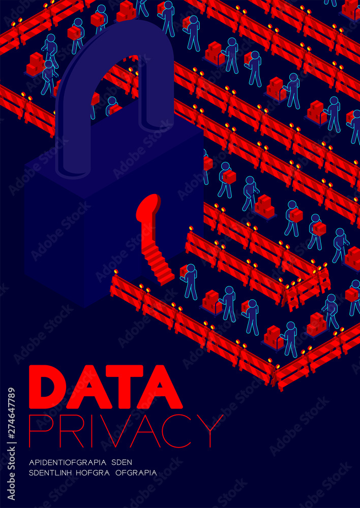 Obraz premium Data privacy concept, man pictogram transfer data to isometric lock keyhole door and barrier illustration poster and banner design isolated on blue background, with copy space