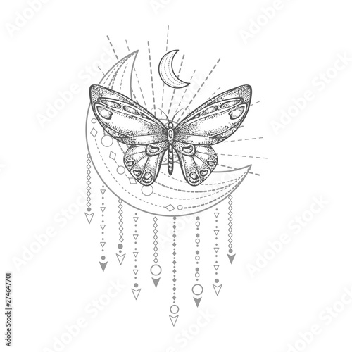 Vector illustration with hand drawn butterfly and Sacred geometric symbol on white background. Abstract mystic sign. Black linear shape. For you design, tattoo or magic craft.