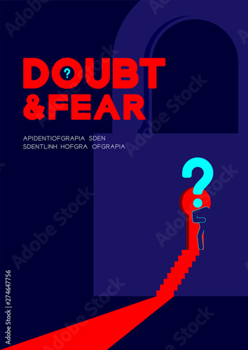 Man pictogram and question mark open the Lock keyhole door to dark room, Doubt and Fear psychology privacy problem concept poster and banner design illustration on blue background, with space