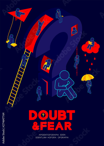 Man pictogram sitting with isometric question mark, people leisure and relaxing activities, Doubt and Fear Psychology social problem concept poster and banner design illustration on blue background