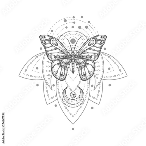 Vector illustration with hand drawn butterfly and Sacred geometric symbol on white background. Abstract mystic sign. Black linear shape. For you design, tattoo or magic craft.