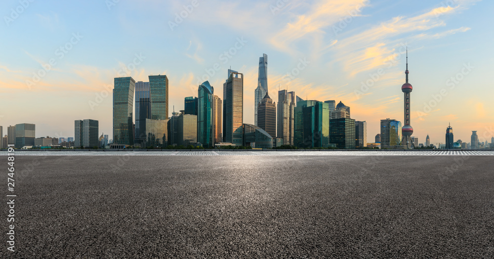 Empty race track and modern skyline and buildings in Shanghai,China