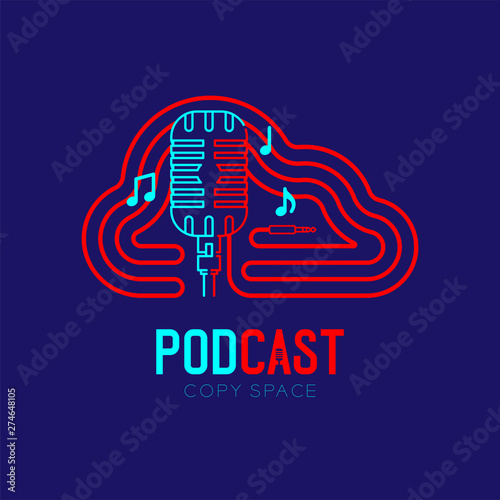 Retro Microphone logo icon outline stroke with Cloud shape frame cable dash line design, podcast internet radio program concept illustration isolated on dark blue background with PODCAST text, vector