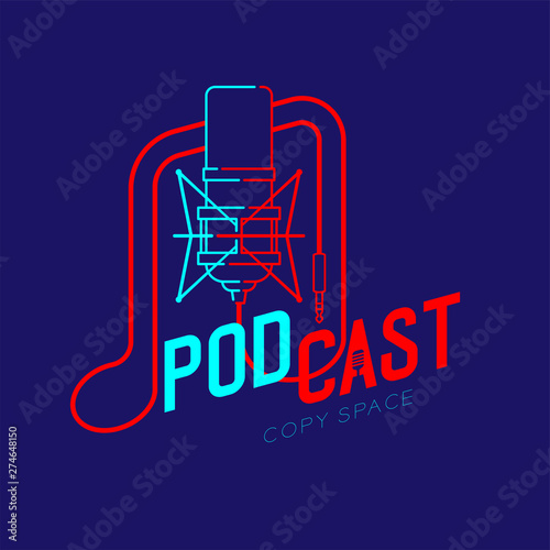 Microphone logo icon outline stroke with music note cable dash line design, podcast internet radio program concept illustration isolated on dark blue background with PODCAST text, vector