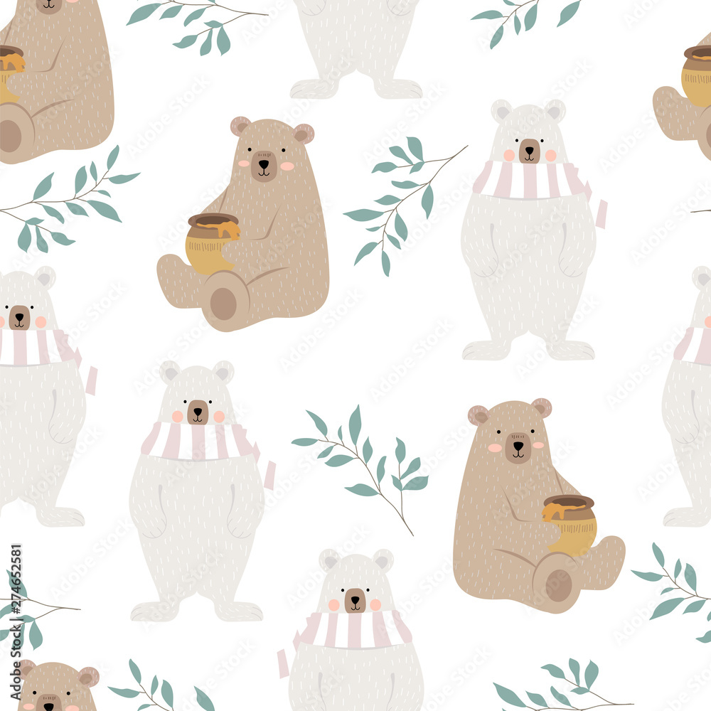 Cute bear with leaf,honey.Vector illustration seamless for background,wallpaper,frabic Cute bear with leaf,honey.Vector illustration seamless for background,wallpaper,frabic