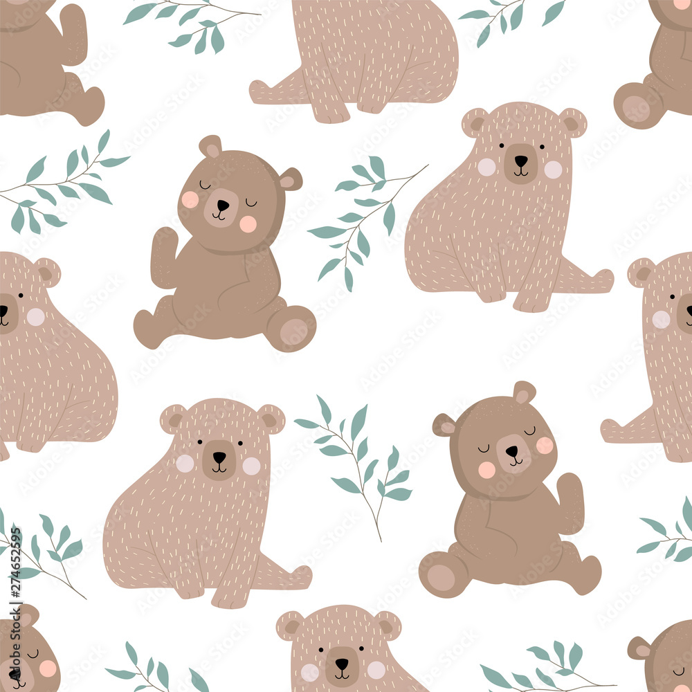 Cute bear with leaf.Vector illustration seamless for background,wallpaper,frabic