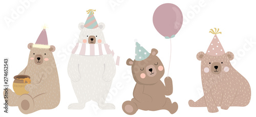 Cute bear character with friend. Vector illustration for birthday invitation,postcard and sticker