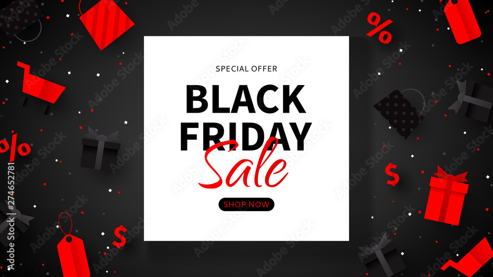 Black Friday sale advertisement banner. Web banner for seasonal discount offer. Realistic 3d paper packages, tags, gift boxes and shop baskets on black background. Vector illustration.
