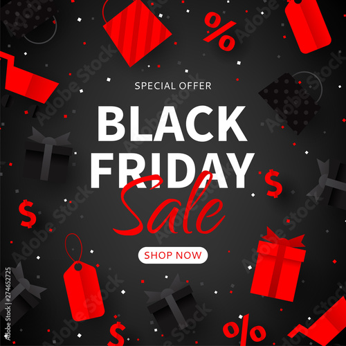 Black Friday sale background template. Web banner for seasonal discount offer. Realistic 3d paper packages, tags, gift boxes and shop baskets on black background. Vector illustration. photo