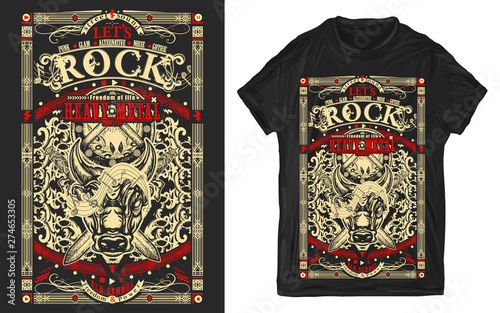 Rock music. Angry bull Minotaur and crossed swords. Heavy metal, Let's Rock slogan. Musical old school print for t-shirts and another, trendy apparel design photo