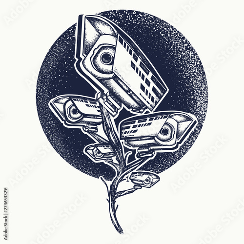Surveillance cameras tattoo. Dark future concept. Big brother watches you.  Shadowing people, peeping, wiretap