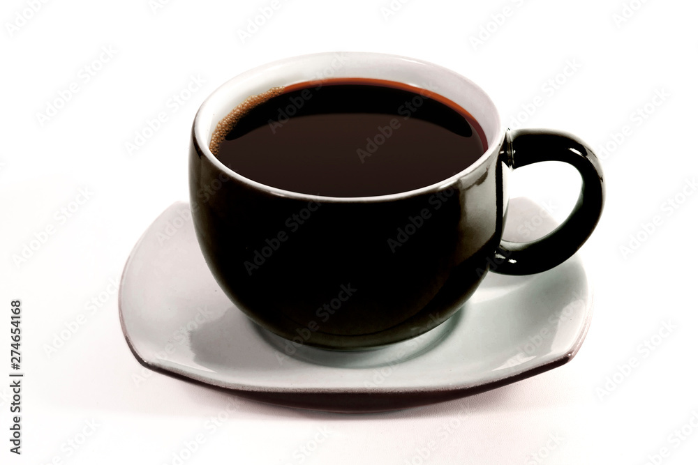 Black cups with saucer filled with black coffee liquid Isolated white background