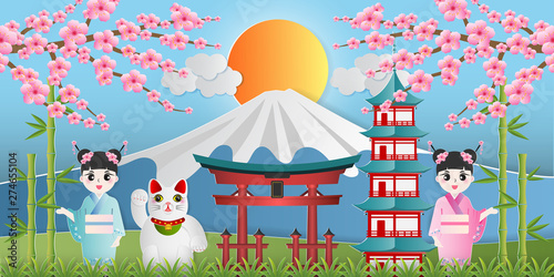 Japan landmark travel banner with girl in kimono dress, maneki neko, cherry blossom, bamboo and fuji mountain. Paper art style of tokyo culture symbols. Vector illustration