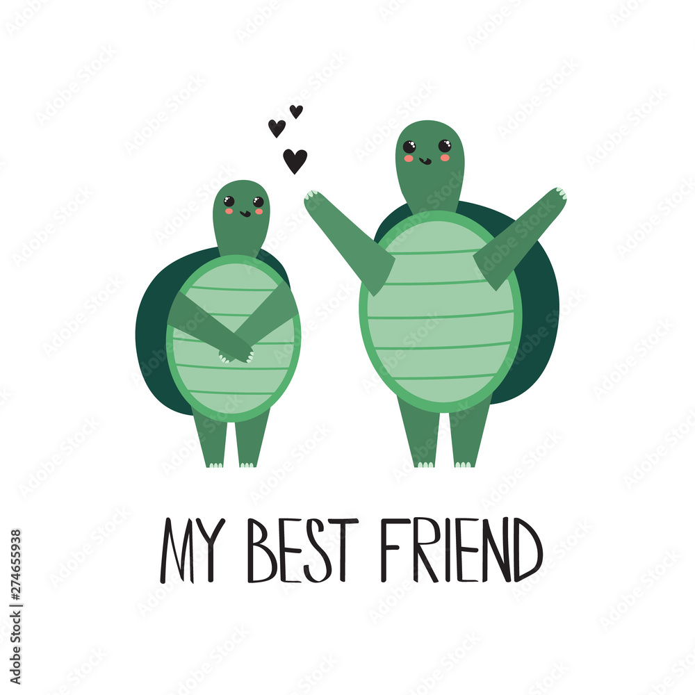Simple illustration with turtles, hearts and english text, poster design.  Colorful background vector. My best friend, funny concept. Cartoon  wallpaper. Hand drawn backdrop Stock Vector | Adobe Stock