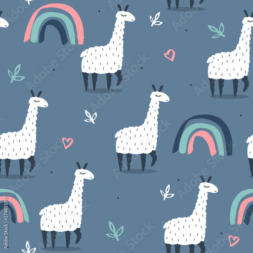 Lamas, rainbow, hand drawn backdrop. Colorful seamless pattern with animals. Decorative cute wallpaper, good for printing. Overlapping background vector, happy alpacas. Llama