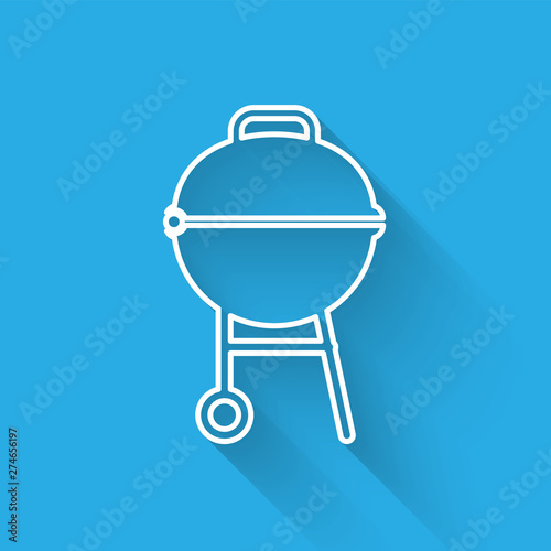 White Barbecue grill line icon isolated with long shadow. BBQ grill party. Vector Illustration