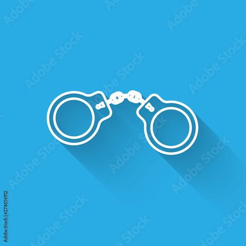 White line Handcuffs icon isolated with long shadow. Vector Illustration