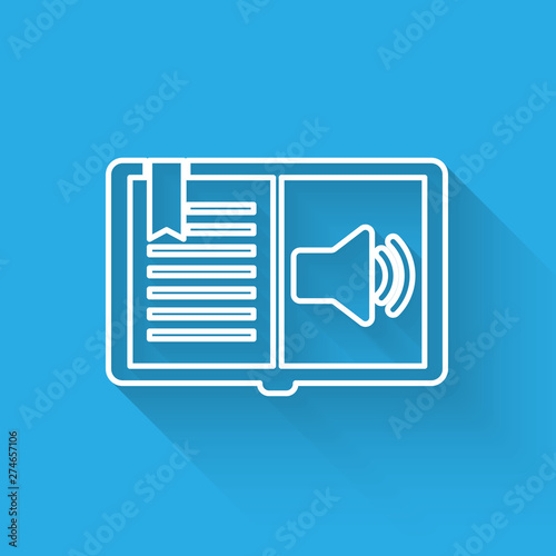 White line Audio book icon isolated with long shadow. Audio guide sign. Online learning concept. Vector Illustration