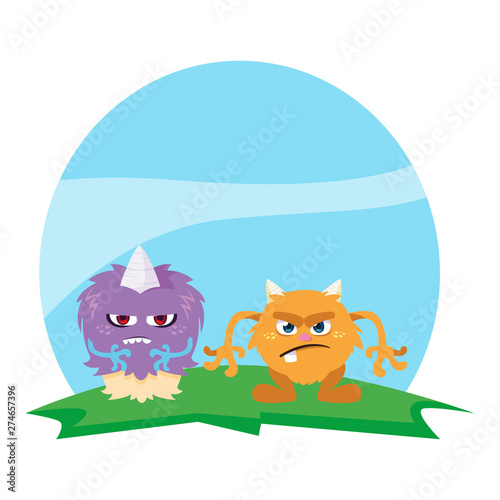 funny monsters couple in the field characters colorful