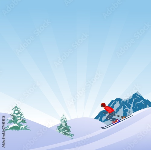 Flat Style Beautiful Alps Landscape Illustration, with skier on slope of the hill vector