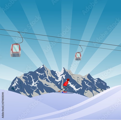 Flat Style Beautiful Alps Landscape Illustration, snowy mountains, with skier on slope of the hill vector