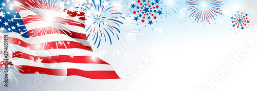 4th of july USA Independence day banner background design of American flag with fireworks vector illustration