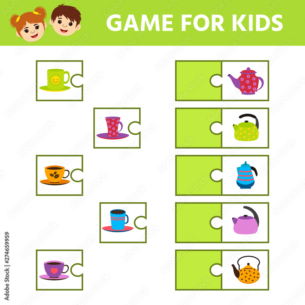 Education logic game for preschool kids. Kids activity sheet. Connect teapot and cup. Children funny riddle entertainment. Vector illustration Education logic game for preschool kids. Kids activity sheet. Connect teapot and cup. Children funny riddle entertainment. Vector illustration