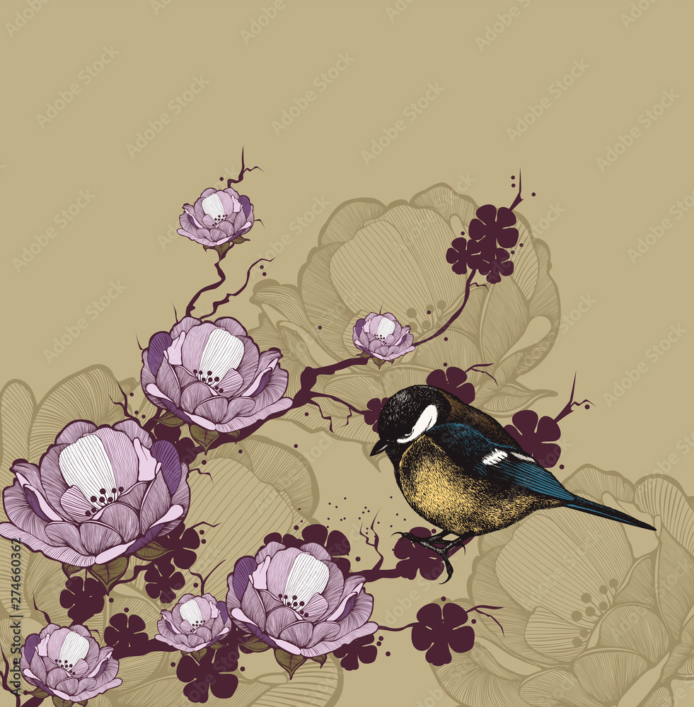 custom made wallpaper toronto digitalBackground with flowering branch and bird titmouse. Hand drawing. Vector illustration.