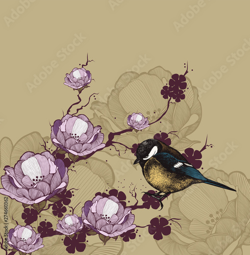 Wallpaper Mural Background with flowering branch and bird titmouse. Hand drawing. Vector illustration. Torontodigital.ca