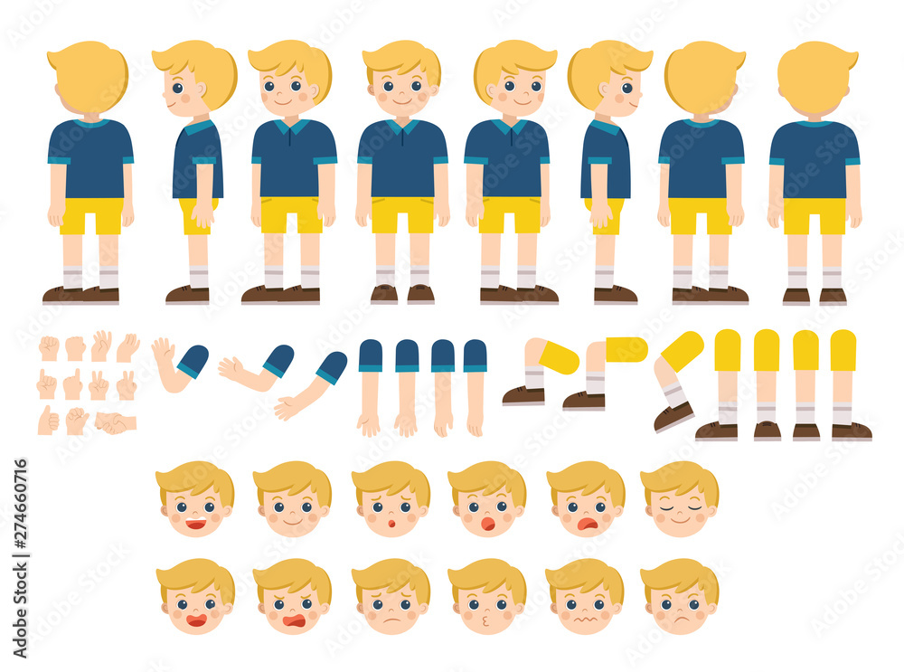 Mascot creation kit of little boy for different poses . Vector constructor with various views, emotions, poses and gestures. Schoolboy character creation set. Mascot creation kit of little boy for different poses . Vector constructor with various views, emotions, poses and gestures. Schoolboy character creation set.