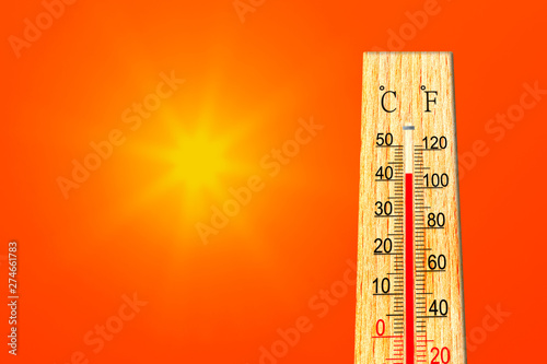 Summer heat. Thermometer shows high temperature in summer. Ambient temperature plus 42 degrees celsius