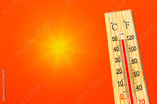 Summer heat. Thermometer shows high temperature in summer. Ambient temperature plus 50 degrees celsius