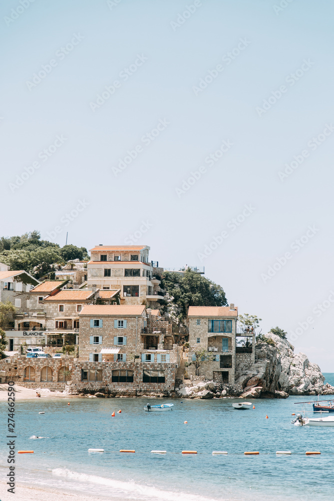 Naklejka premium Sunny beaches and historical attractions. Panoramic views in Budva, Montenegro.