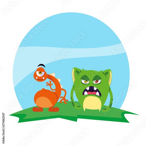 funny monsters couple in the field characters colorful