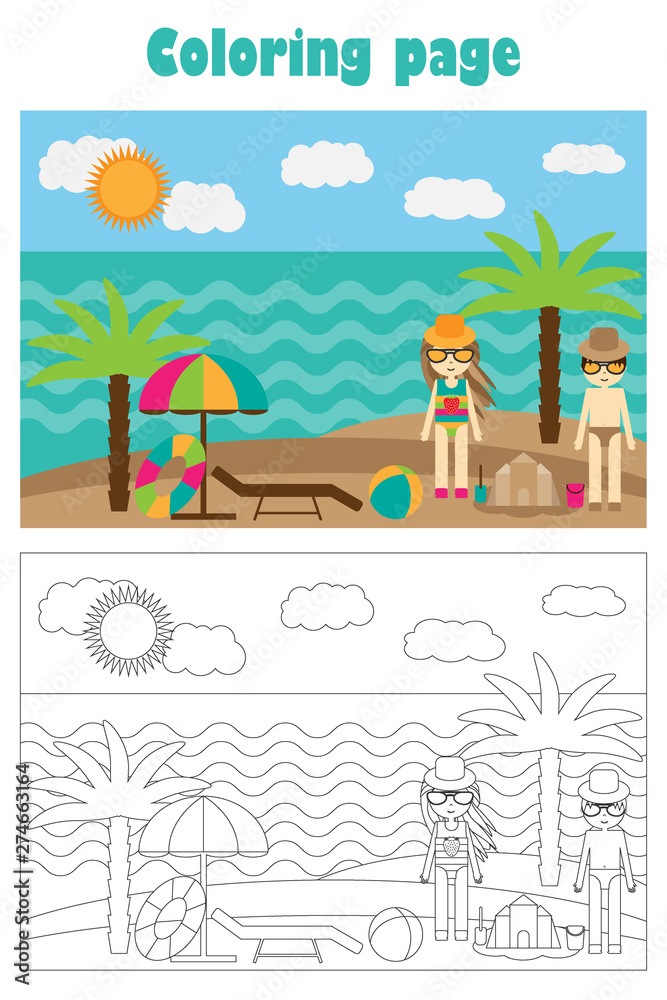 Summer beach in cartoon style, summer coloring page, education paper game for the development of children, kids preschool activity, printable worksheet, vector illustration