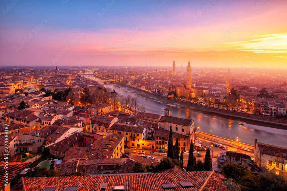 Beautiful aerial view panorama night Verona sunset Italy