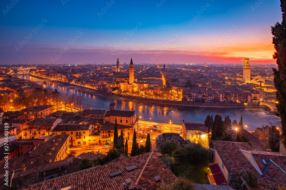 Beautiful aerial view panorama night Verona Italy