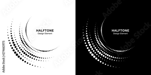 Set of Halftone incomplete circle frame dots logo isolated on background. Circular part design element for treatment, technology. Half round border Icon using halftone circle dots texture. Vector