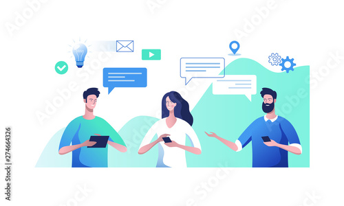 Discussion and dialogue of business people. Brainstorming team. Young men and woman chatting.  News. Dialog boxes. Chat. Social networks. Design template for your banner or poster. Vector illustration