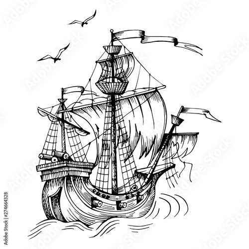 Old caravel, vintage sailboat. Ghost ship. Hand drawn sketch. Detail of the old geographical or fanasy maps of sea.