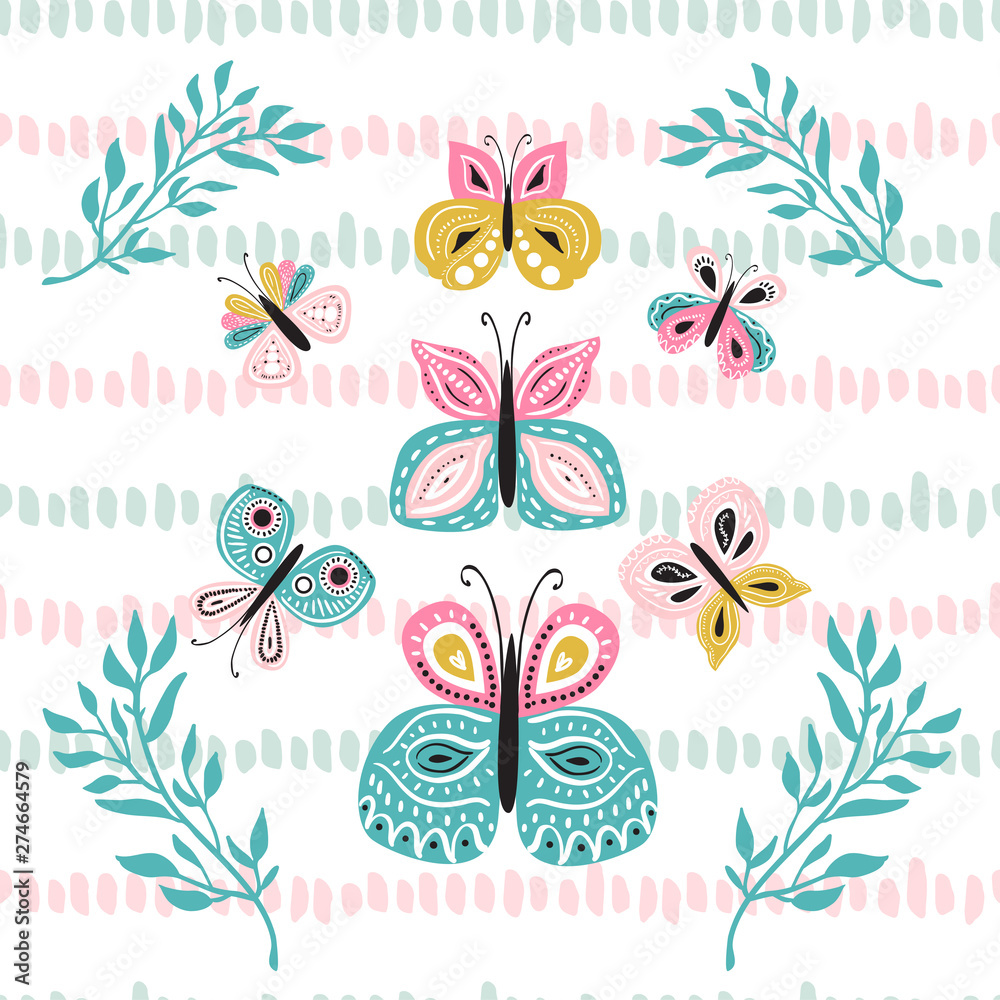 Cute hand drawn vector butterfly and floral wreath and decorative ribbon card for invitation,flyer,banner design