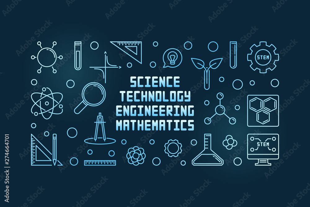 Science, Technology, Engineering and Math concept outline blue banner on dark background. Vector illustration