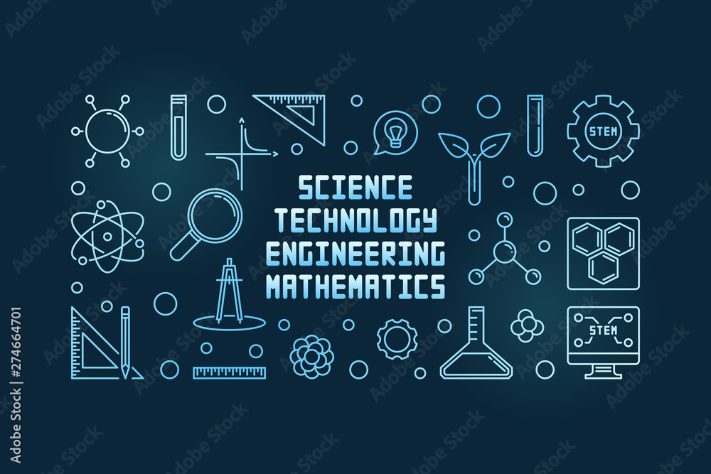 Science, Technology, Engineering and Math concept outline blue banner on dark background. Vector illustration Science, Technology, Engineering and Math concept outline blue banner on dark background. Vector illustration