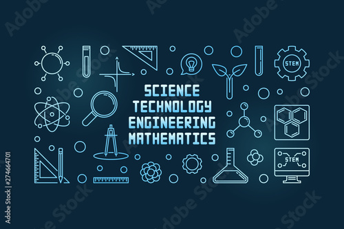 Science, Technology, Engineering and Math concept outline blue banner on dark background. Vector illustration