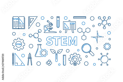 STEM vector concept outline horizontal illustration or banner on white background